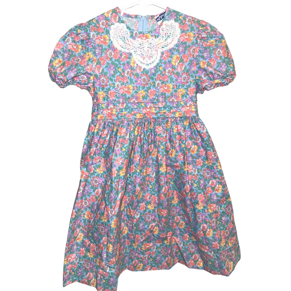 Vintage Polly Flinders Girls Blue Floral Lace Collar Puff Sleeve Dress Size 7